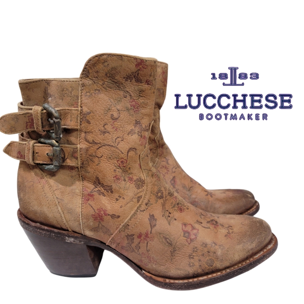 Lucchese Floral Printed Tan Leather Ankle Booties